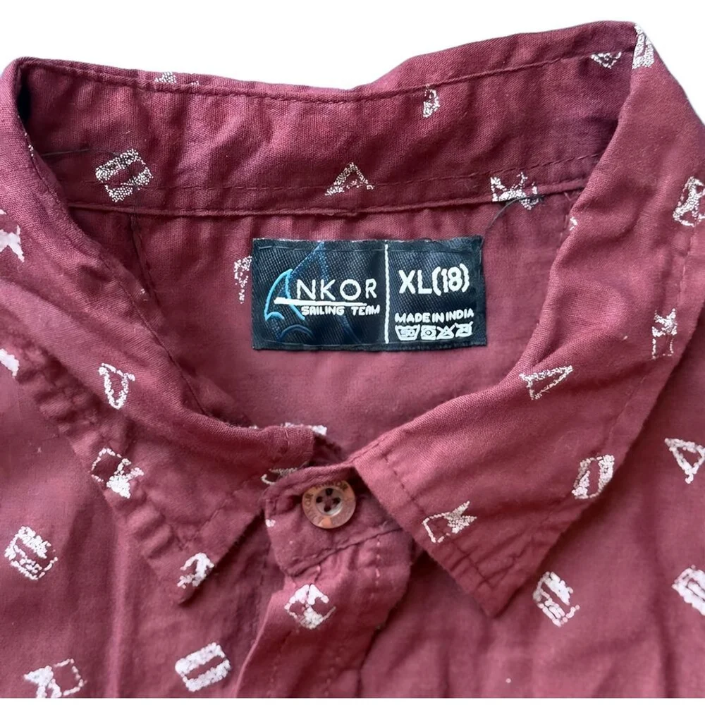ANKOR Nautical Print Button-Down Shirt | Boys XL (18) | Burgundy Cotton‎